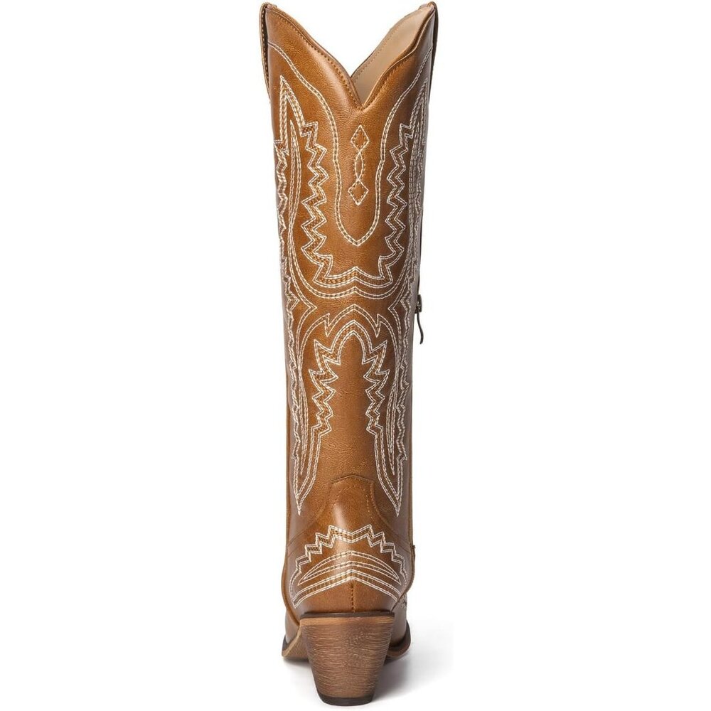 Women's Western Knee Chunky High Heel Brown Embroidered Side Zipper Boots - Picture 3 of 7